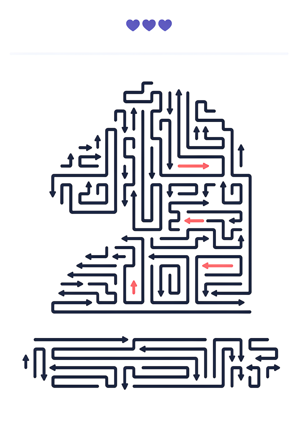 Recreated dense fan-shaped arrow maze with blocked routes marked in red