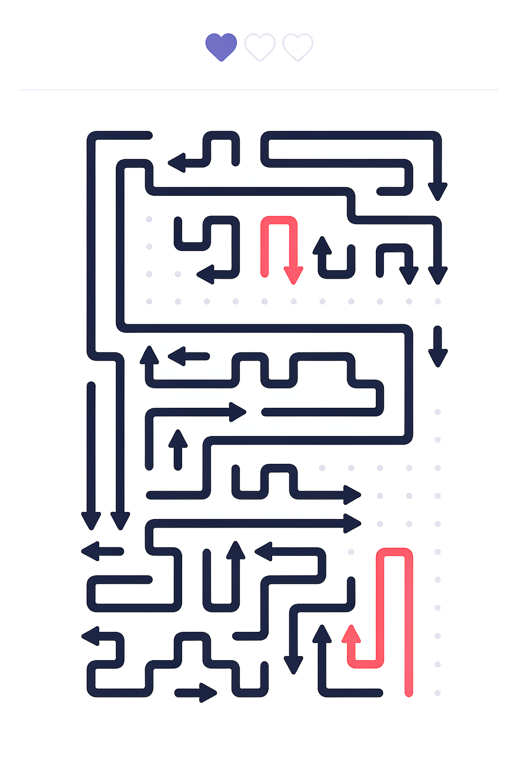 Recreated arrow maze with red collision warnings and one heart left